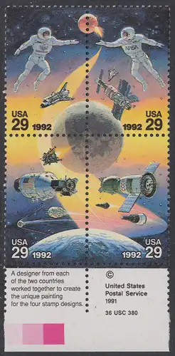 USA Michel 2235-2238 / Scott 2631-2234 postfrisch BLOCK RÄNDER unten m/ copyright symbol - Amerikanische und sowjetische Weltraumunternehmungen