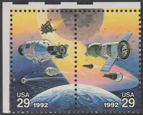 USA Michel 2237+2238 / Scott 2633+2634 postfrisch horiz.PAAR ECKRAND oben links - Amerikanische und sowjetische Weltraumunternehmungen