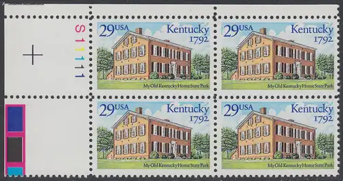 USA Michel 2240 / Scott 2636 postfrisch PLATEBLOCK ECKRAND oben links m/ Platten-# S11111 - 200 Jahre Staat Kentucky: Old Kentucky Home State Park, Bordstown