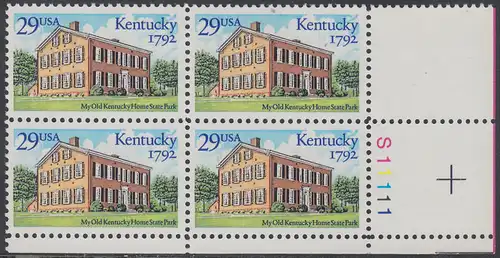 USA Michel 2240 / Scott 2636 postfrisch PLATEBLOCK ECKRAND unten rechts m/ Platten-# S11111 - 200 Jahre Staat Kentucky: Old Kentucky Home State Park, Bordstown