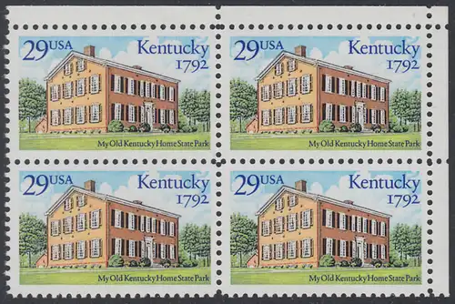 USA Michel 2240 / Scott 2636 postfrisch BLOCK ECKRAND oben rechts - 200 Jahre Staat Kentucky: Old Kentucky Home State Park, Bordstown