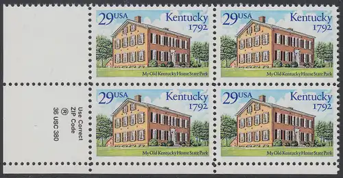 USA Michel 2240 / Scott 2636 postfrisch ZIP-BLOCK (ll) - 200 Jahre Staat Kentucky: Old Kentucky Home State Park, Bordstown