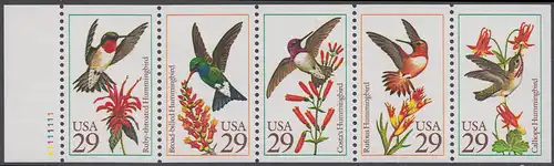 USA Michel 2246-2250 / Scott 2646a postfrisch MARKENHEFTCHEN-Blatt(5) RAND links m/ Platten-#  - Kolibris