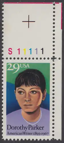 USA Michel 2312 / Scott 2698 postfrisch EINZELMARKE ECKRAND oben rechts m/ Platten-# S11111 - Dorothy Parker (1893-1967), Schriftstellerin