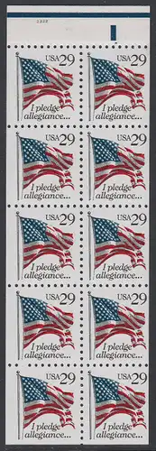 USA Michel 2314D / Scott 2593a postfrisch Markenheftchenblatt(10) RÄNDER oben m/ Platten-# - Flagge, Textanfang des Treuegelöbnisses