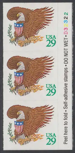 USA Michel 2320 / Scott 2596 postfrisch vert.STRIP(3) RAND rechts m/ Platten-# 32322 - Wappenadler; Adler mit Wappenschild (Cent in grün)