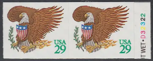 USA Michel 2320 / Scott 2596 postfrisch horiz.PAAR m/ Platten-# - Wappenadler; Adler mit Wappenschild (Cent in grün)