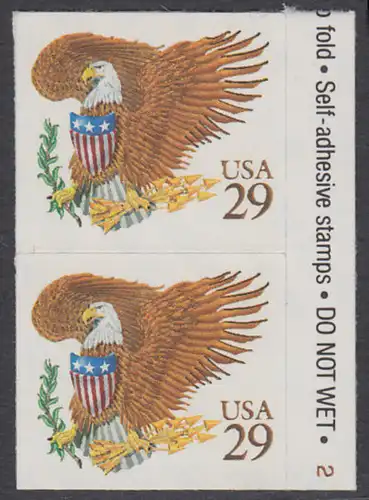 USA Michel 2321 / Scott 2595 postfrisch vert.PAAR m/ Platten-# (a2) - Wappenadler; Adler mit Wappenschild (Cent in gold)