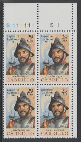 USA Michel 2322 / Scott 2704 postfrisch PLATEBLOCK ECKRAND oben rechts m/ Platten-# S1 - 450. Jahrestag der Entdeckung von Kalifornien: Juan Rodriguez Cabrillo (1499-1543), Entdecker von Kalifornien