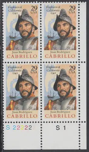 USA Michel 2322 / Scott 2704 postfrisch PLATEBLOCK ECKRAND unten rechts m/ Platten-# S1 - 450. Jahrestag der Entdeckung von Kalifornien: Juan Rodriguez Cabrillo (1499-1543), Entdecker von Kalifornien