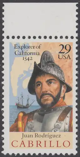 USA Michel 2322 / Scott 2704 postfrisch EINZELMARKE RAND oben - 450. Jahrestag der Entdeckung von Kalifornien: Juan Rodriguez Cabrillo (1499-1543), Entdecker von Kalifornien