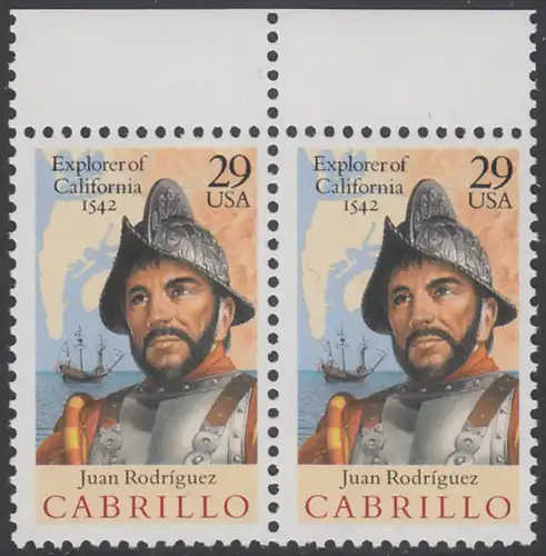 USA Michel 2322 / Scott 2704 postfrisch horiz.PAAR RÄNDER oben - 450. Jahrestag der Entdeckung von Kalifornien: Juan Rodriguez Cabrillo (1499-1543), Entdecker von Kalifornien