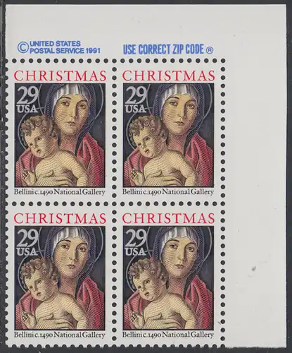 USA Michel 2328A / Scott 2710 postfrisch ZIP-BLOCK (ur) - Weihnachten: Maria mit Kind