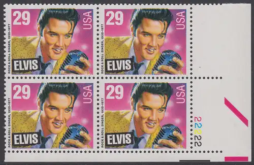 USA Michel 2336 / Scott 2721 postfrisch PLATEBLOCK ECKRAND unten rechts m/ Platten-# 22222 - Amerikanische Musikgeschichte: Elvis Presley (1935-1977), Rocksänger und Gitarrist