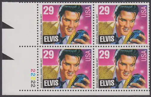 USA Michel 2336 / Scott 2721 postfrisch PLATEBLOCK ECKRAND unten links m/ Platten-# 22222 - Amerikanische Musikgeschichte: Elvis Presley (1935-1977), Rocksänger und Gitarrist