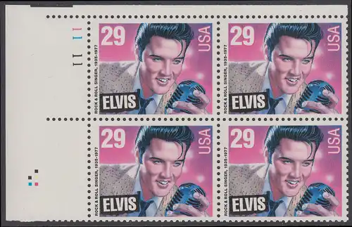 USA Michel 2336 / Scott 2721 postfrisch PLATEBLOCK ECKRAND oben links m/ Platten-# 11111 - Amerikanische Musikgeschichte: Elvis Presley (1935-1977), Rocksänger und Gitarrist