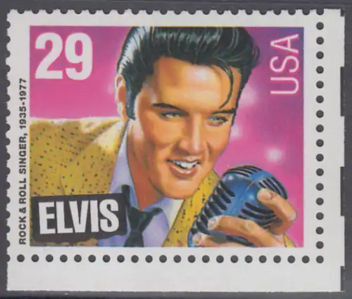 USA Michel 2336 / Scott 2721 postfrisch EINZELMARKE ECKRAND unten rechts - Amerikanische Musikgeschichte: Elvis Presley (1935-1977), Rocksänger und Gitarrist
