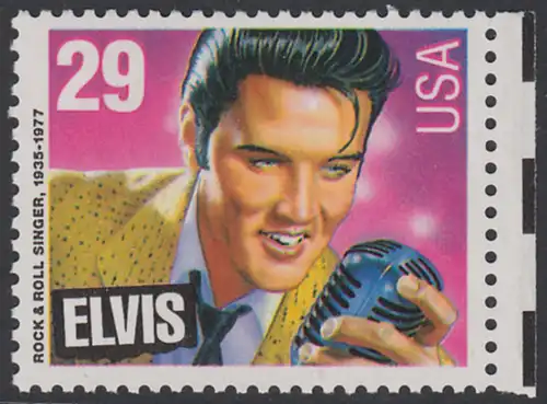 USA Michel 2336 / Scott 2721 postfrisch EINZELMARKE RAND rechts (a1) - Amerikanische Musikgeschichte: Elvis Presley (1935-1977), Rocksänger und Gitarrist