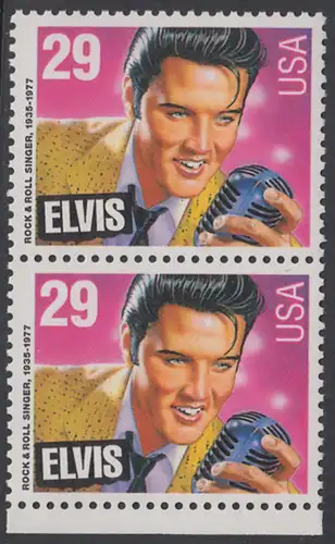 USA Michel 2336 / Scott 2721 postfrisch vert.PAAR RAND unten - Amerikanische Musikgeschichte: Elvis Presley (1935-1977), Rocksänger und Gitarrist