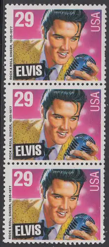 USA Michel 2336 / Scott 2721 postfrisch vert.STRIP(3) - Amerikanische Musikgeschichte: Elvis Presley (1935-1977), Rocksänger und Gitarrist