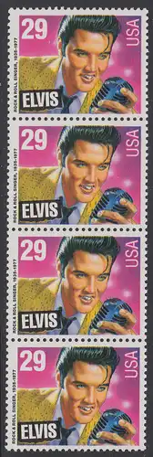USA Michel 2336 / Scott 2721 postfrisch vert.STRIP(4) - Amerikanische Musikgeschichte: Elvis Presley (1935-1977), Rocksänger und Gitarrist