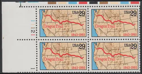 USA Michel 2343 / Scott 2747 postfrisch PLATEBLOCK ECKRAND oben links (a) m/ Platten-# 11121 - 150 Jahre Oregon Trail: Karte des Nordwestens der USA
