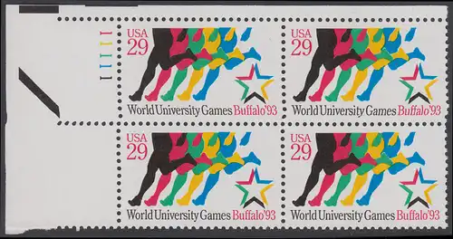 USA Michel 2344 / Scott 2748 postfrisch PLATEBLOCK ECKRAND oben links m/ Platten-# 11111 (b) - Sommeruniversiade, Buffalo: Läufer