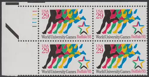 USA Michel 2344 / Scott 2748 postfrisch PLATEBLOCK ECKRAND oben links m/ Platten-# 11111 (a) - Sommeruniversiade, Buffalo: Läufer