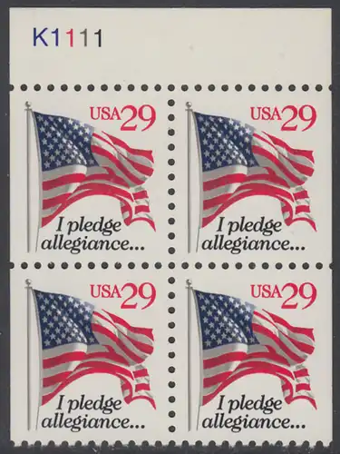 USA Michel 2345D / Scott 2594 postfrisch BLOCK RÄNDER oben m/ Platten-# K1111 (aus MH) - Flagge, Textanfang des Treuegelöbnisses