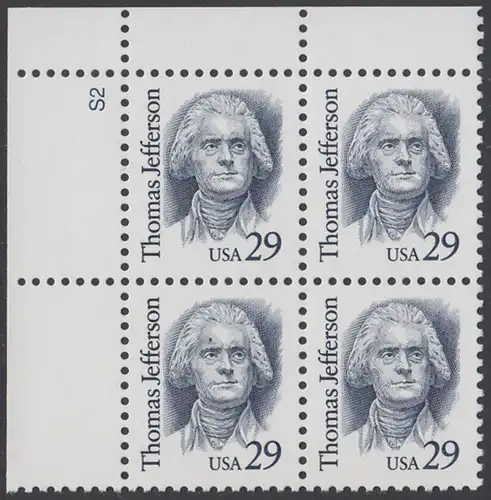 USA Michel 2352 / Scott 2185 postfrisch PLATEBLOCK ECKRAND oben links m/ Platten-# S2 - Amerikanische Persönlichkeiten: Thomas Jefferson (1743-1826), 3. Präsident (reg. 1801-1809)