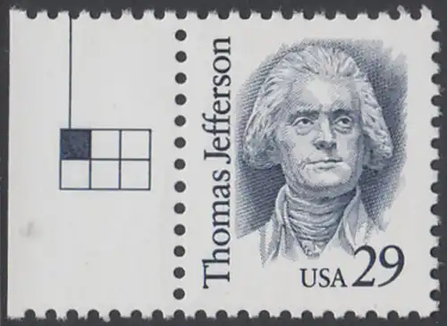 USA Michel 2352 / Scott 2185 postfrisch EINZELMARKE RAND links (a2) - Amerikanische Persönlichkeiten: Thomas Jefferson (1743-1826), 3. Präsident (reg. 1801-1809)