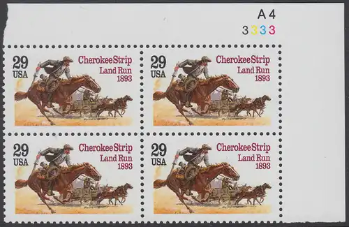 USA Michel 2353 / Scott 2754 postfrisch PLATEBLOCK ECKRAND oben rechts m/ Platten-# A4-3333 - 100. Jahrestag des Cherokee Strip Land Run