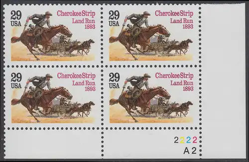 USA Michel 2353 / Scott 2754 postfrisch PLATEBLOCK ECKRAND unten rechts m/ Platten-# A2-2222 - 100. Jahrestag des Cherokee Strip Land Run