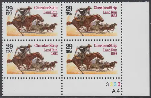 USA Michel 2353 / Scott 2754 postfrisch PLATEBLOCK ECKRAND unten rechts m/ Platten-# A4-3333 - 100. Jahrestag des Cherokee Strip Land Run