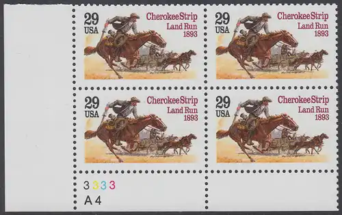 USA Michel 2353 / Scott 2754 postfrisch PLATEBLOCK ECKRAND unten links m/ Platten-# A4-3333 - 100. Jahrestag des Cherokee Strip Land Run