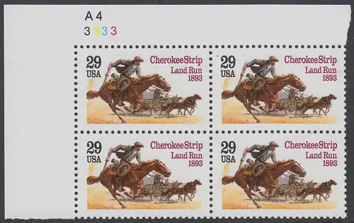 USA Michel 2353 / Scott 2754 postfrisch PLATEBLOCK ECKRAND oben links m/ Platten-# A4-3333 - 100. Jahrestag des Cherokee Strip Land Run