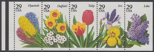 USA Michel 2359-2363 / Scott 2764a postfrisch Markenheftchenblatt(5) RAND links m/ Platten-# - Gartenblumen des Frühjahrs