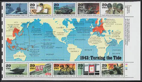 USA Michel 2365-2374 / Scott 2765 postfrisch BOGEN(10) Eckrand unten rechts - Blockausgabe: Die Geschichte des Zweiten Weltkrieges (III): Das Jahr 1943