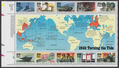 USA Michel 2365-2374 / Scott 2765 postfrisch BOGEN(10) Eckrand unten links - Blockausgabe: Die Geschichte des Zweiten Weltkrieges (III): Das Jahr 1943