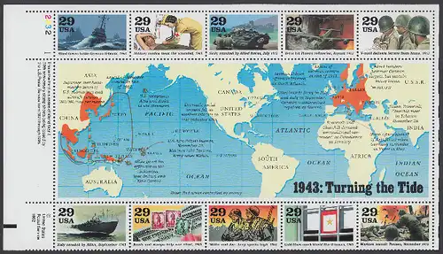 USA Michel 2365-2374 / Scott 2765 postfrisch BOGEN(10) Eckrand oben links (b) - Blockausgabe: Die Geschichte des Zweiten Weltkrieges (III): Das Jahr 1943