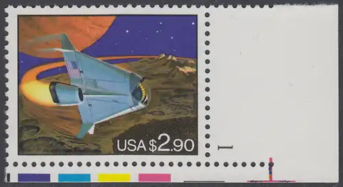 USA Michel 2375 / Scott 2543 postfrisch EINZELMARKE ECKRAND unten rechts m/ Platten-# 1 - Schnellpostmarke: Raumfahrzeug