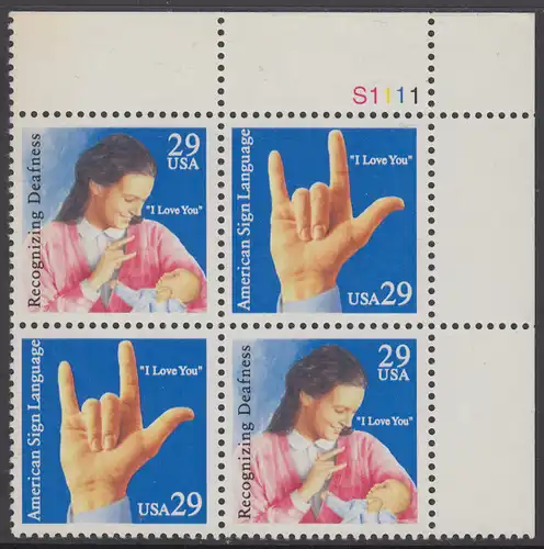 USA Michel 2395-2396 / Scott 2783-2784 postfrisch PLATEBLOCK ECKRAND oben rechts m/ Platten-# S1111 (a) - Amerikanische Gehörlosen-Fingersprache