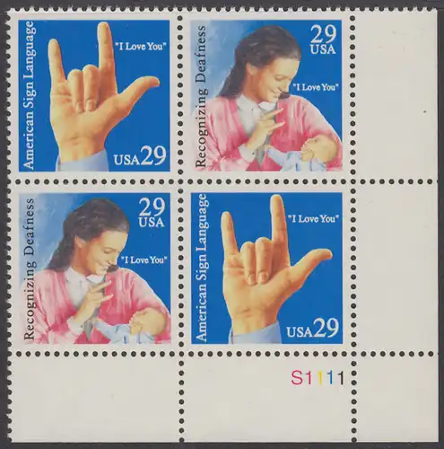 USA Michel 2395-2396 / Scott 2783-2784 postfrisch PLATEBLOCK ECKRAND unten rechts m/ Platten-# S1111 (b) - Amerikanische Gehörlosen-Fingersprache