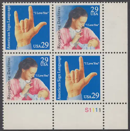 USA Michel 2395-2396 / Scott 2783-2784 postfrisch PLATEBLOCK ECKRAND unten rechts m/ Platten-# S1111 (c) - Amerikanische Gehörlosen-Fingersprache