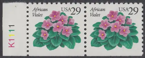 USA Michel 2404 / Scott 2486 postfrisch horiz.PAAR RAND links m/ Platten-# (unten ungezähnt) - Blumen: Usambara-Veilchen