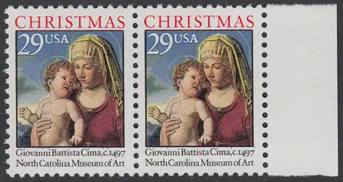 USA Michel 2405A / Scott 2789 postfrisch horiz.PAAR RAND rechts - Weihnachten: Madonna mit Kind in einer Landschaft