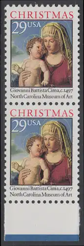 USA Michel 2405A / Scott 2789 postfrisch vert.PAAR RAND unten - Weihnachten: Madonna mit Kind in einer Landschaft