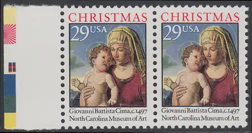 USA Michel 2405A / Scott 2789 postfrisch horiz.PAAR RAND links - Weihnachten: Madonna mit Kind in einer Landschaft