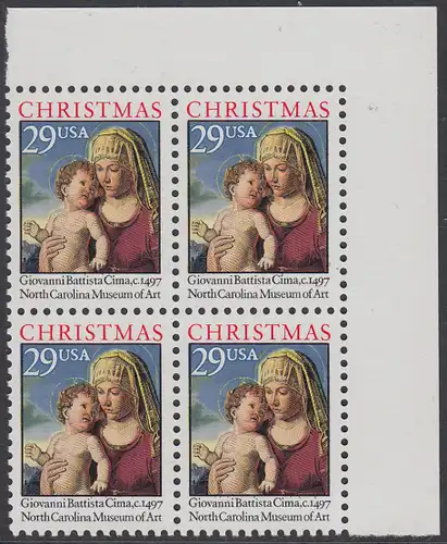 USA Michel 2405A / Scott 2789 postfrisch BLOCK ECKRAND oben rechts - Weihnachten: Madonna mit Kind in einer Landschaft