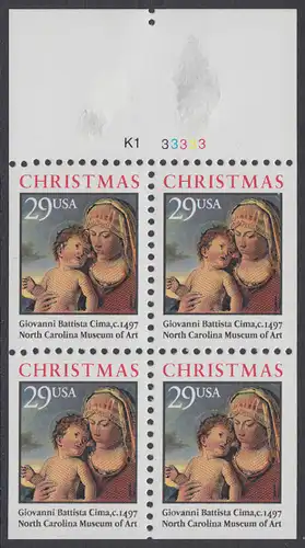 USA Michel 2405D / Scott 2790a postfrisch Markenheftchenblatt(5) RAND oben m/ Platten-# - Weihnachten: Madonna mit Kind in einer Landschaft